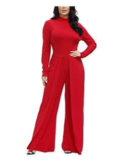 Ophestin Womens Long Sleeve Round Neck Jumpsuit for Work Wide Leg Pants Rompers