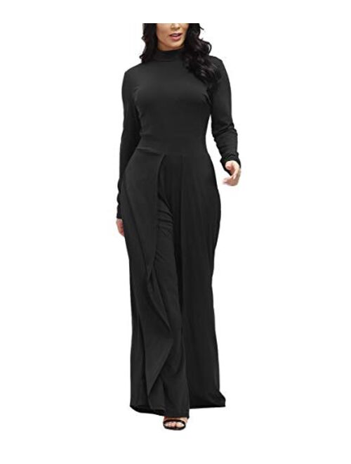 Ophestin Womens Long Sleeve Round Neck Jumpsuit for Work Wide Leg Pants Rompers