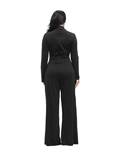 Ophestin Womens Long Sleeve Round Neck Jumpsuit for Work Wide Leg Pants Rompers