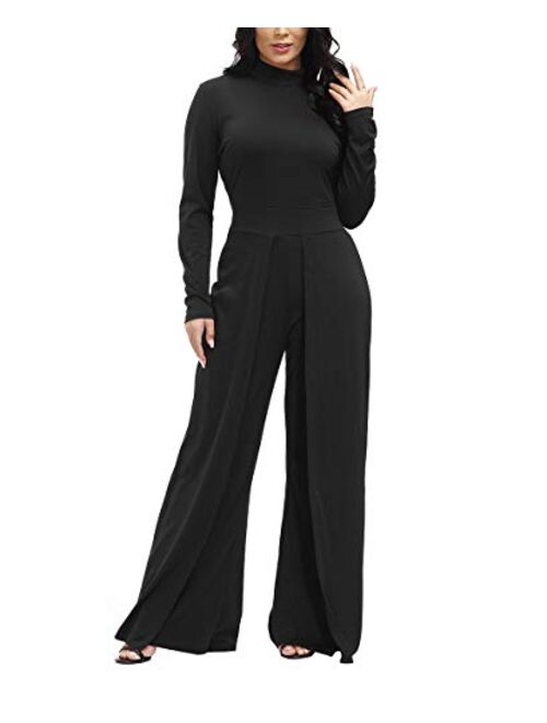 Ophestin Womens Long Sleeve Round Neck Jumpsuit for Work Wide Leg Pants Rompers