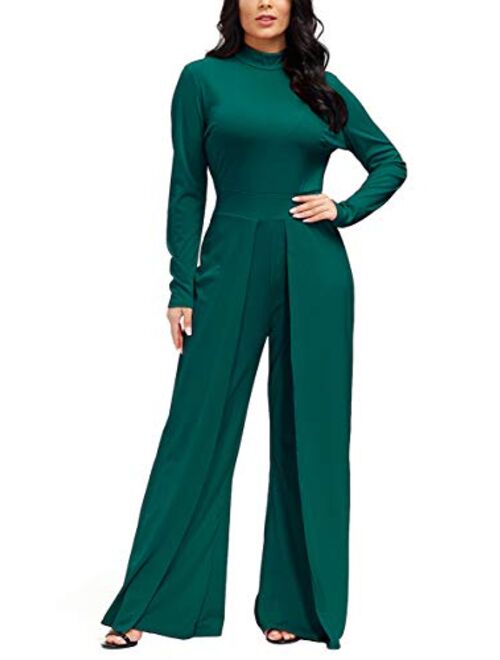 Ophestin Womens Long Sleeve Round Neck Jumpsuit for Work Wide Leg Pants Rompers