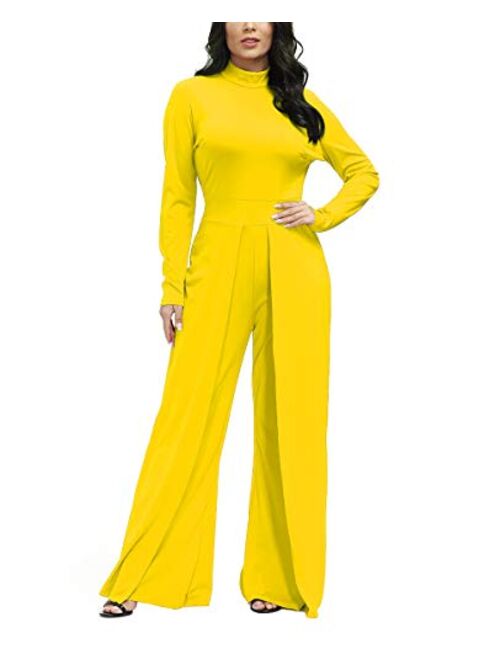 Ophestin Womens Long Sleeve Round Neck Jumpsuit for Work Wide Leg Pants Rompers