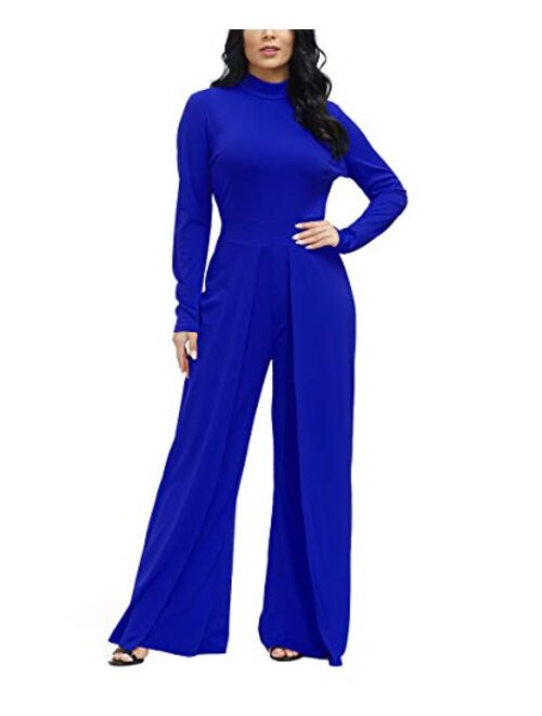 Ophestin Womens Long Sleeve Round Neck Jumpsuit for Work Wide Leg Pants Rompers