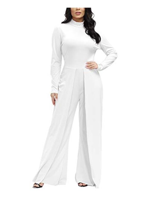 Ophestin Womens Long Sleeve Round Neck Jumpsuit for Work Wide Leg Pants Rompers