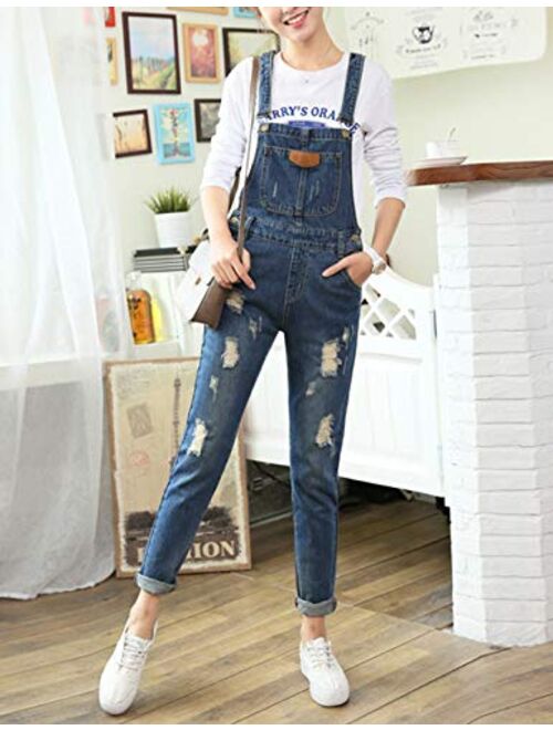 Yeokou Womens Fashion Casual Boyfriend Loose Distressed Ripped Denim Bib Overalls