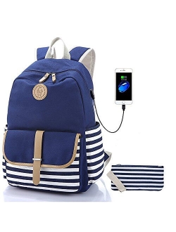 Sqodok School Backpack Canvas Bookbag 15.6" Laptop Backpack with USB Charger Port Travel Daypack