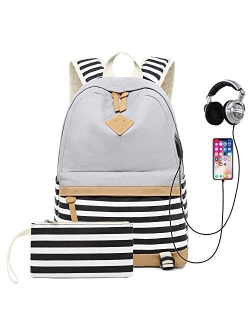 Sqodok School Backpack Canvas Bookbag 15.6" Laptop Backpack with USB Charger Port Travel Daypack