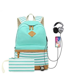 Sqodok School Backpack Canvas Bookbag 15.6" Laptop Backpack with USB Charger Port Travel Daypack