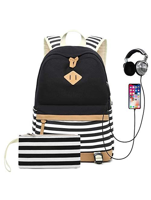 Sqodok School Backpack Canvas Bookbag 15.6" Laptop Backpack with USB Charger Port Travel Daypack