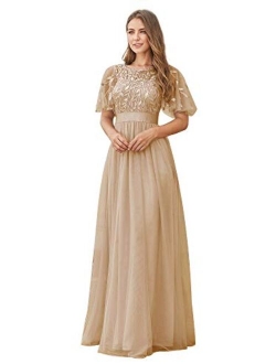 Women's A-Line Empire Waist Embroidery Evening Prom Dress 0904