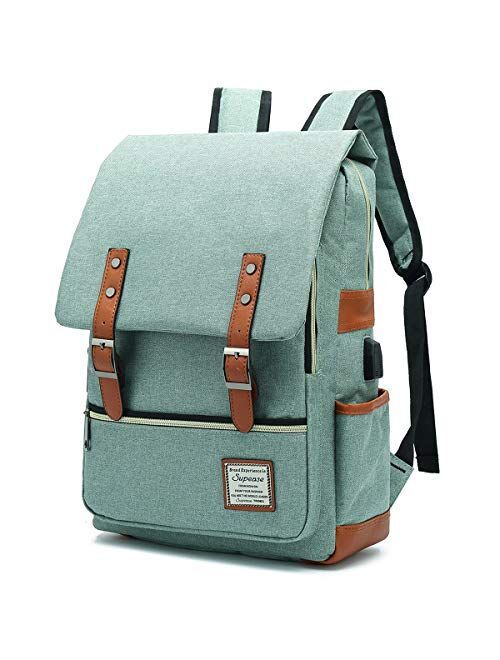 SUPEASE Vintage Slim College School Laptop Backpack with USB Charging Port for Women Men , Green