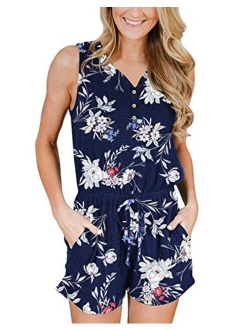 LEANI Womens Summer V Neck Button Down Short Jumpsuit Rompers with Pockets