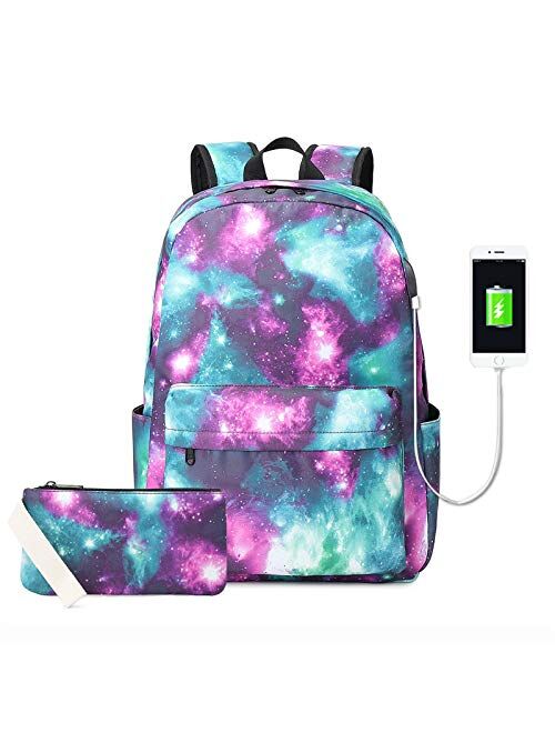 EZYCOK Galaxy Canvas Backpack for Women Teen Girls with USB Charging Port College School Backpack with Pencil Pouch, Fits 14" Laptop