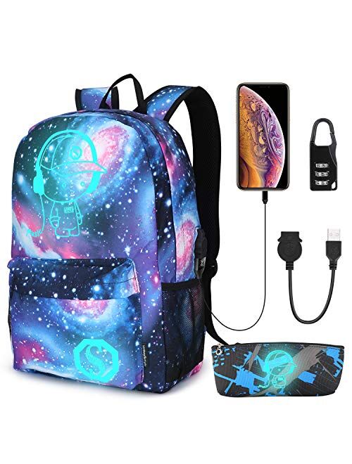 Pawsky Galaxy Backpack for School, Anime Luminous Backpack College Bookbag Anti-Theft Laptop Backpack with USB Charging Port