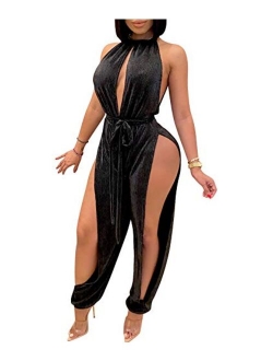 IyMoo Sexy Jumpsuits for Women - One Piece Women Halter Sleeveless Party Outfits Hight Split Pants Bandage Romper