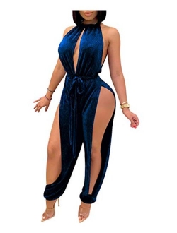 IyMoo Sexy Jumpsuits for Women - One Piece Women Halter Sleeveless Party Outfits Hight Split Pants Bandage Romper