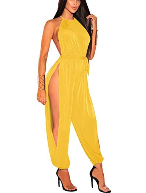 IyMoo Sexy Jumpsuits for Women - One Piece Women Halter Sleeveless Party Outfits Hight Split Pants Bandage Romper