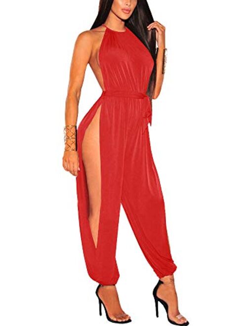 IyMoo Sexy Jumpsuits for Women - One Piece Women Halter Sleeveless Party Outfits Hight Split Pants Bandage Romper