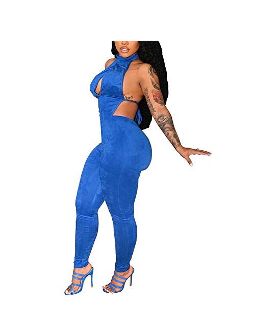 IyMoo Sexy Jumpsuits for Women - One Piece Women Halter Sleeveless Party Outfits Hight Split Pants Bandage Romper