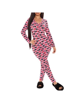 Women's V Neck Long Sleeve Jumpsuit Bodycon One Piece Pajamas Bodysuit Romper Sleepwear