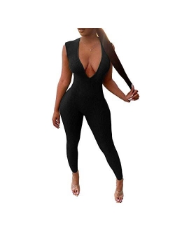 Women's V Neck Long Sleeve Jumpsuit Bodycon One Piece Pajamas Bodysuit Romper Sleepwear