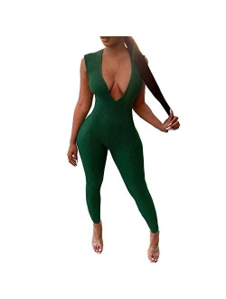 Women's V Neck Long Sleeve Jumpsuit Bodycon One Piece Pajamas Bodysuit Romper Sleepwear