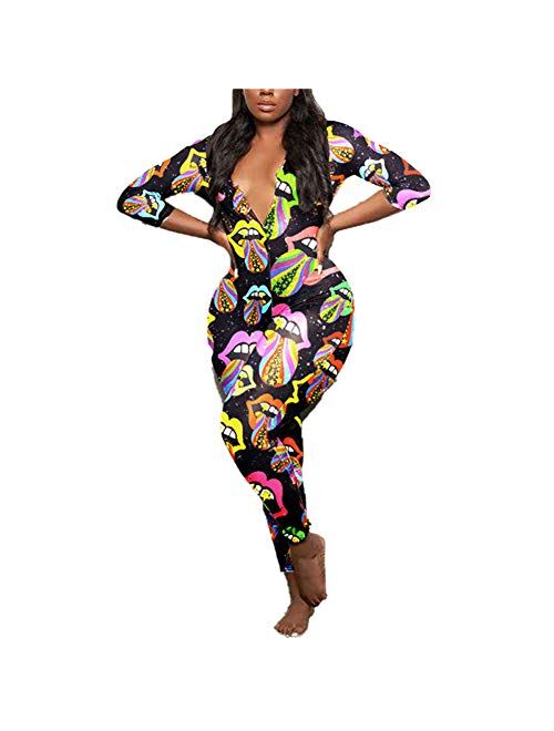 Women's V Neck Long Sleeve Jumpsuit Bodycon One Piece Pajamas Bodysuit Romper Sleepwear