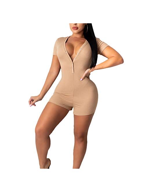 Women's V Neck Long Sleeve Jumpsuit Bodycon One Piece Pajamas Bodysuit Romper Sleepwear