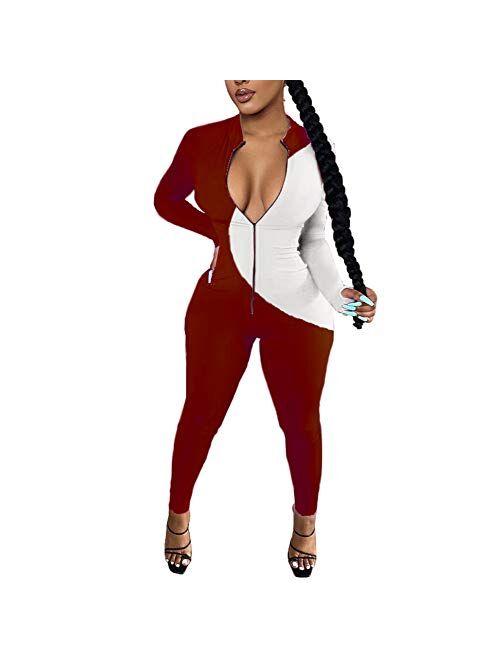 Women's V Neck Long Sleeve Jumpsuit Bodycon One Piece Pajamas Bodysuit Romper Sleepwear