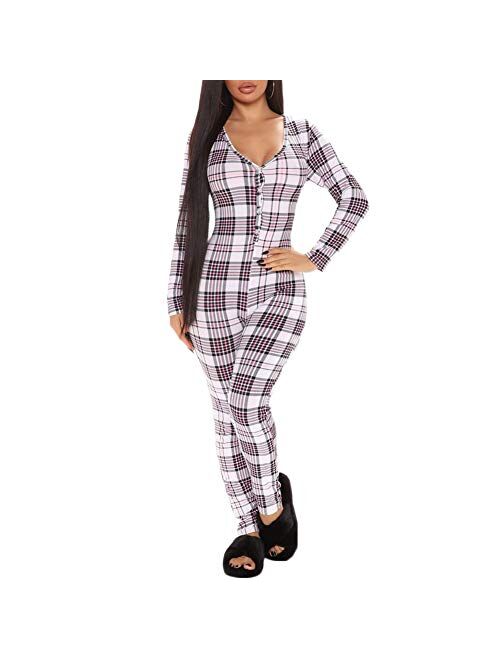 Women's V Neck Long Sleeve Jumpsuit Bodycon One Piece Pajamas Bodysuit Romper Sleepwear