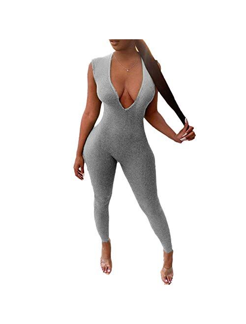 Women's V Neck Long Sleeve Jumpsuit Bodycon One Piece Pajamas Bodysuit Romper Sleepwear