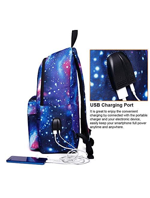 Peicees Galaxy School Backpack with USB Charging Port Waterproof Bookbag Daypack Rucksack for Teen Boys and Girls