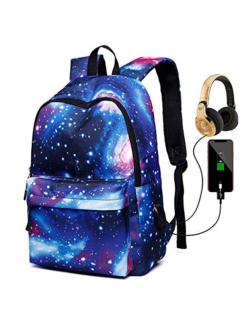 Peicees Galaxy School Backpack with USB Charging Port Waterproof Bookbag Daypack Rucksack for Teen Boys and Girls