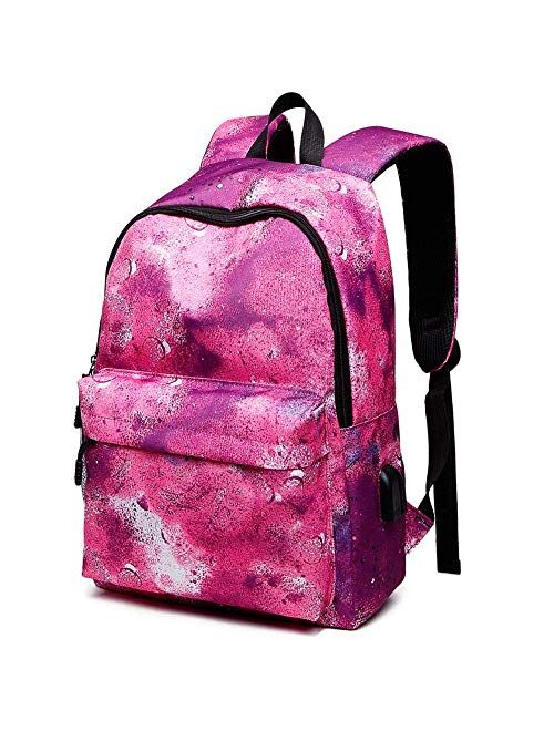 Peicees Galaxy School Backpack with USB Charging Port Waterproof Bookbag Daypack Rucksack for Teen Boys and Girls