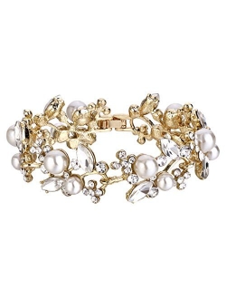 EVER FAITH Austrian Crystal White Simulated Pearl Bridal Floral Leaf Tennis Bracelet Clear