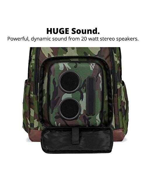 Bluetooth Speaker Backpack with 20-Watt Speakers & Subwoofer for Parties/Festivals/Beach/School. Rechargeable, Works with iPhone & Android (Camouflage, 2021 Premium Editi