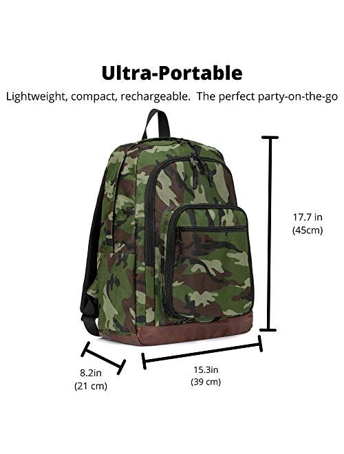 Bluetooth Speaker Backpack with 20-Watt Speakers & Subwoofer for Parties/Festivals/Beach/School. Rechargeable, Works with iPhone & Android (Camouflage, 2021 Premium Editi