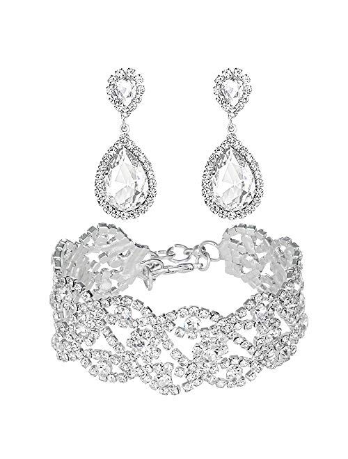 Silver Plated Crystal Rhinestone Teardrop Drop Dangle Earrings Link Bracelet Jewelry Set for Women Girls