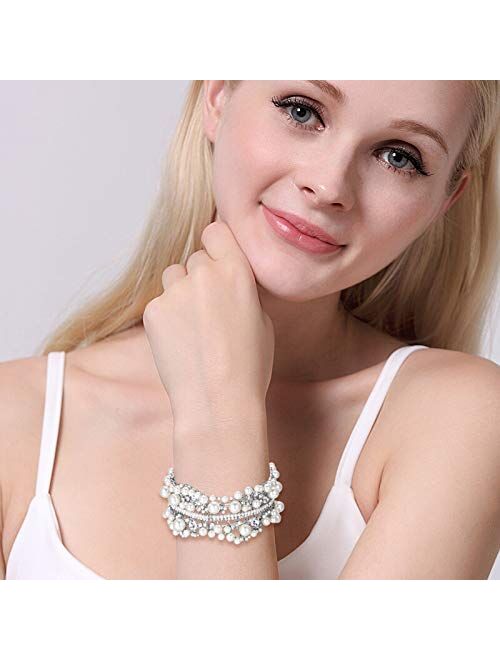 EVER FAITH Austrian Crystal Simulated Pearl Bridal Flower Stretch Bracelet Clear Silver-Tone