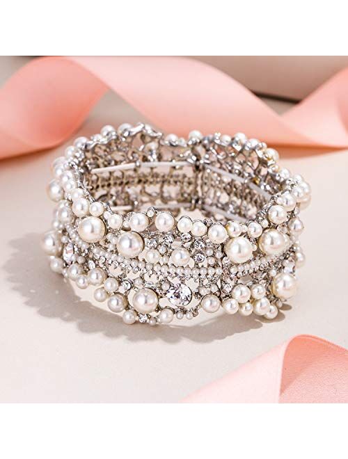 EVER FAITH Austrian Crystal Simulated Pearl Bridal Flower Stretch Bracelet Clear Silver-Tone