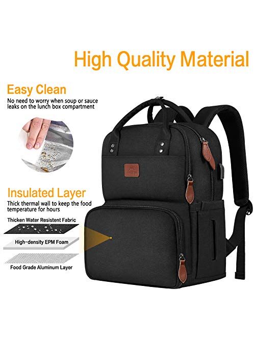 Lunch Backpack for Women, Insulated Cooler Backpacks with USB Port, 15.6 inch College School Laptop Bookbag Reusable Waterproof Tote Food Bag for Work Beach Camping Picni