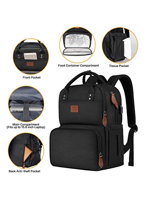 Lunch Backpack for Women, Insulated Cooler Backpacks with USB Port, 15.6 inch College School Laptop Bookbag Reusable Waterproof Tote Food Bag for Work Beach Camping Picni