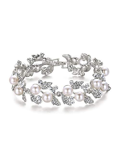 EVER FAITH Bridal Silver-Tone Simulated Pearl Flower Leaf Clear Austrian Crystal Bracelet