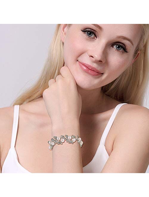 EVER FAITH Bridal Silver-Tone Simulated Pearl Flower Leaf Clear Austrian Crystal Bracelet