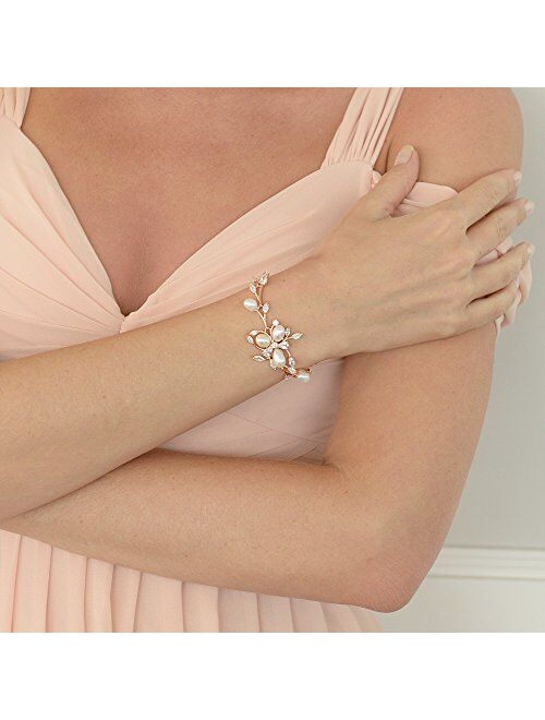 Mariell Luxury Blush Rose Gold Cubic Zirconia Crystal & Genuine Freshwater Pearl Wedding Bridal Bracelet