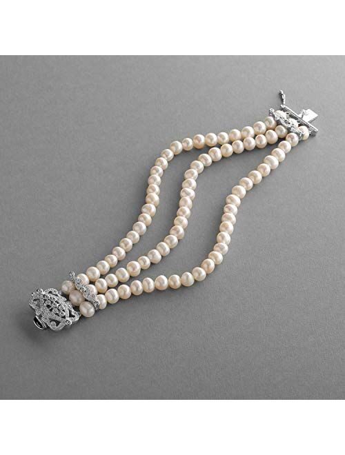 Mariell Genuine Freshwater Pearl 3-Strand Bridal Bracelet - Luxe 3-Row Pearl Bracelet with CZ Clasp