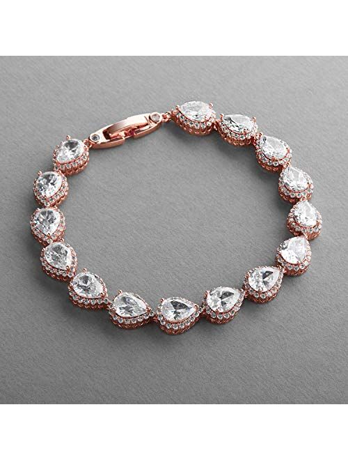 Mariell 14K Rose Gold Plated Pear-Shaped Halo Cubic Zirconia Bridal Tennis Bracelet Wedding Jewelry