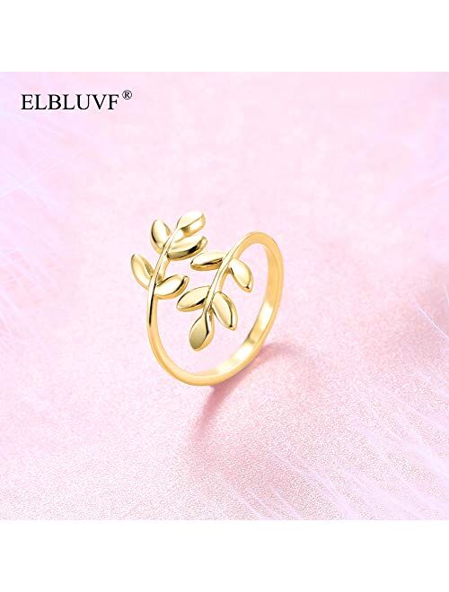 ELBLUVF 18k Stainless Steel Silver Rose Gold Plated Leaves Leaf Laurel Adjustable Branch Ring Jewelry