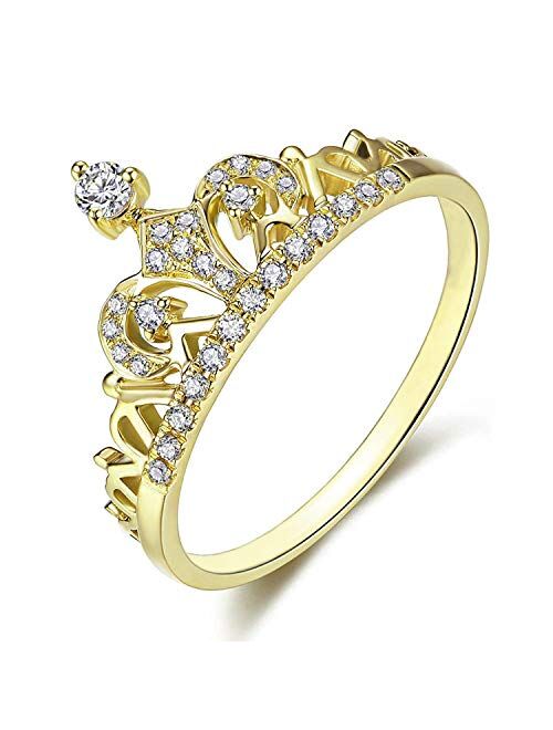 Presentski Women Crown Rings Princess Queen 18K Gold Plated Tiara Ring Tiny CZ Gift Girl Promise Ring