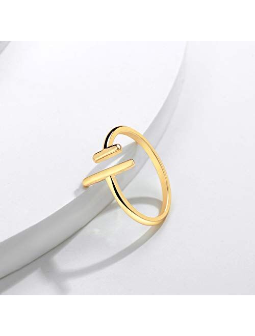 Valloey Rover Womens 14k Gold Open Parallel Bar Rings,Double X Criss Cross Double Bar Parallel Cuff Half Circle Black Zircon Infinity Adjustable Ring Engagement Wedding L